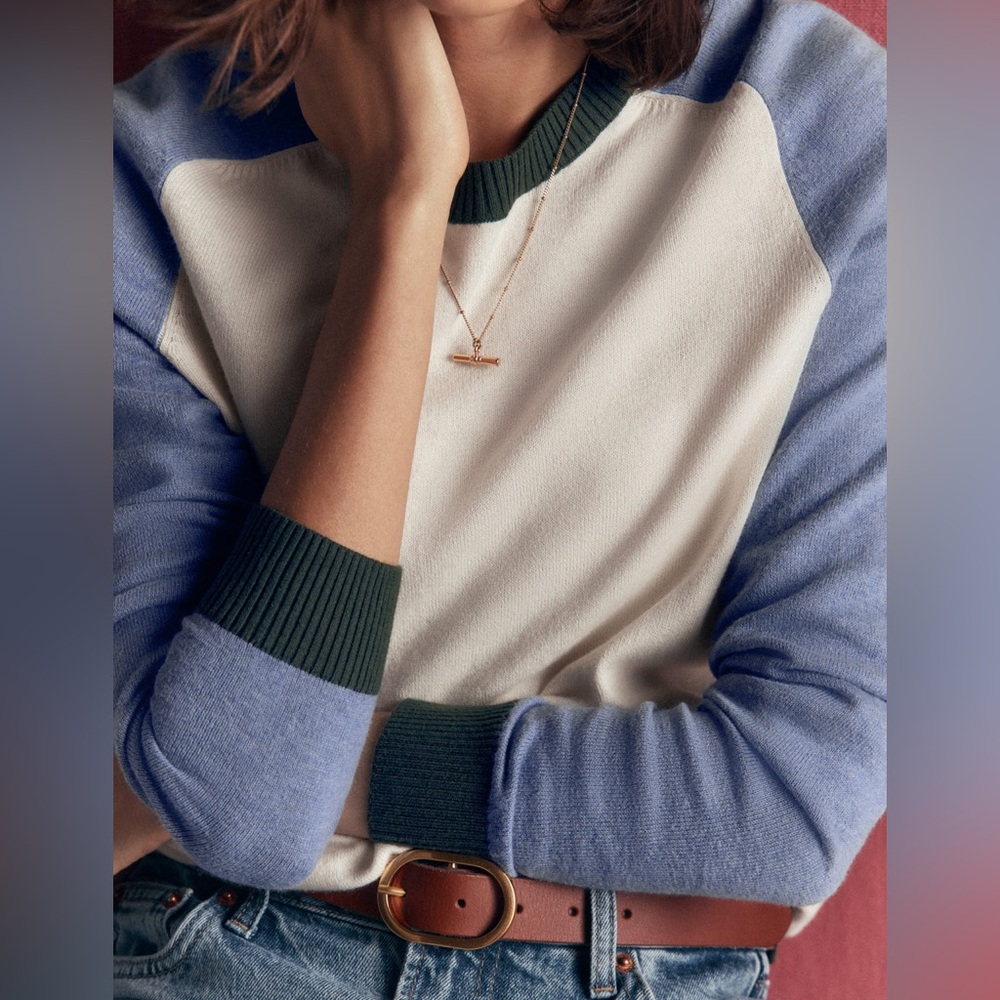 NWT Boden Meg Raglan Sleeve Sweater in Ivory, Blue and Green - Picture 2 of 10